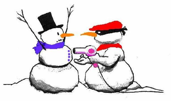 two snowman. one dressed as a robber with a hairdryer