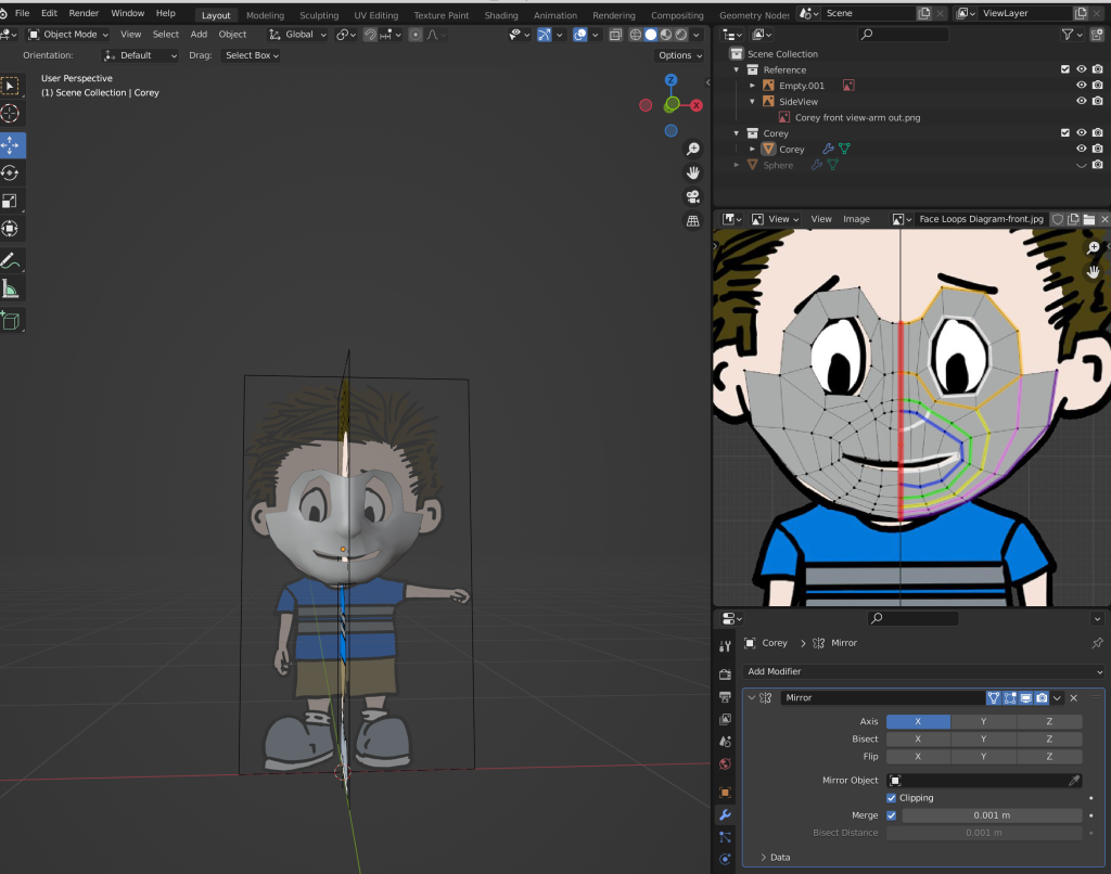 Blender screen shot showing character model